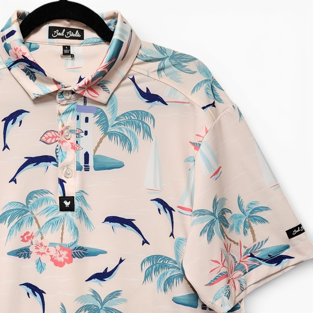 Bad Birdie Polo Shirt Mens L (Slim Fit) Tropical Island Dolphin Performance Golf